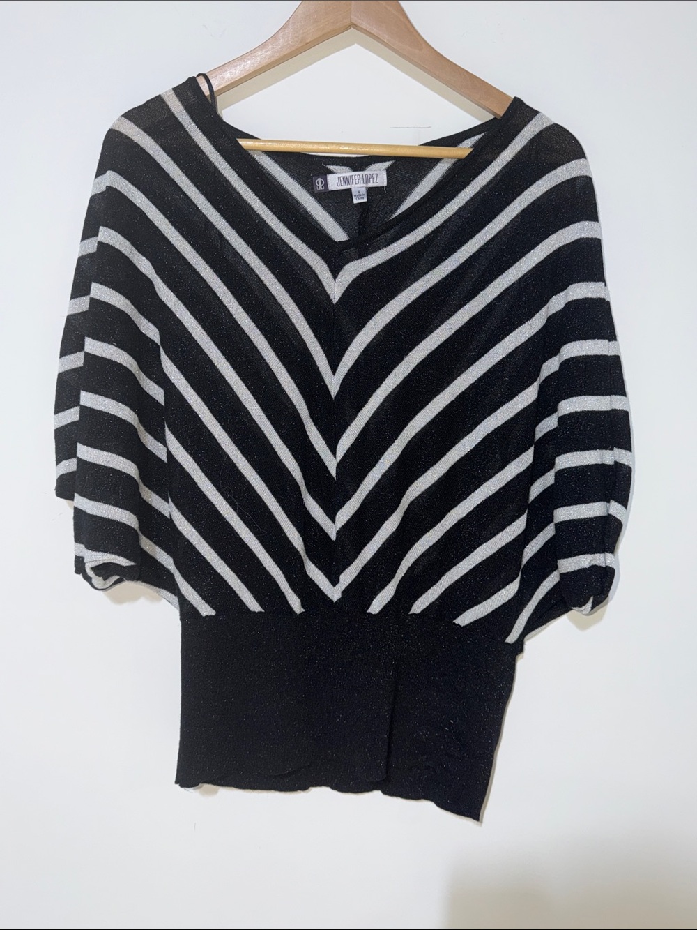 Jennifer Lopez Black and silver Striped V-Neck Pullover size small
